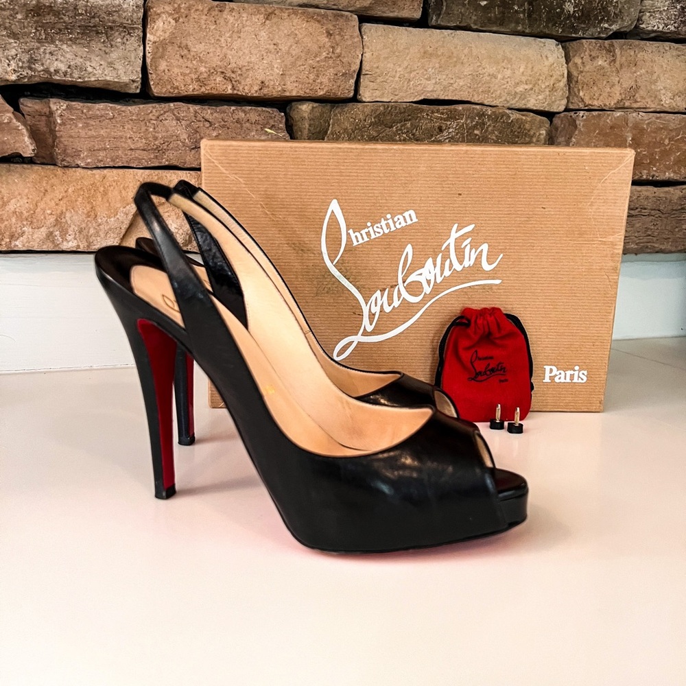 Authentic EUC Christian Louboutin Private Number 120mm Slingback Peep-toe Heels